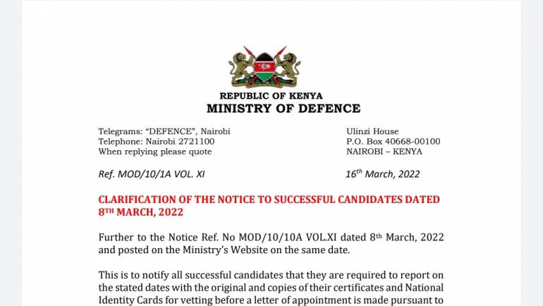CLARIFICATION OF THE NOTICE TO SUCCESSFUL CANDIDATES DATED  8TH MARCH, 2022