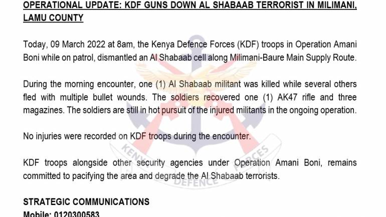 OPERATIONAL UPDATE : KDF GUNS DOWN AL SHABAAB TERRORIST IN MALINDI, LAMU COUNTY