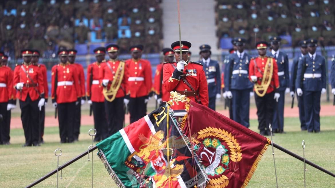 PRESIDENT UHURU KENYATTA PRESENTS COLOURS TO THE 21 BATTALION, THE KENYA RIFLES