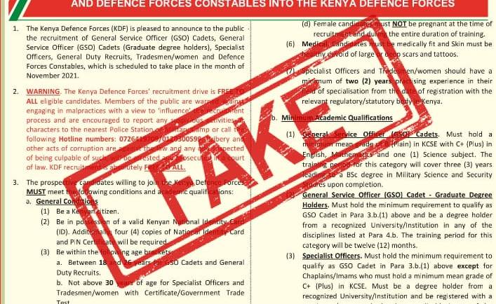ATTENTION! FAKE KDF RECRUITMENT ADVERTISEMENT