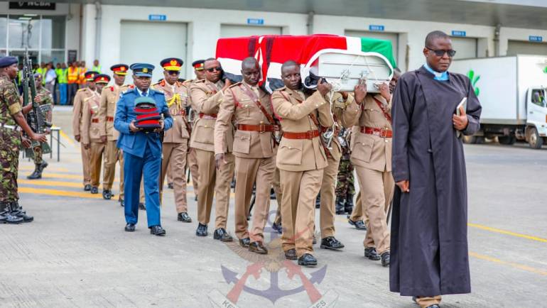 PAYING TRIBUTE: FALLEN KDF OFFICER RECEIVED AT JKIA